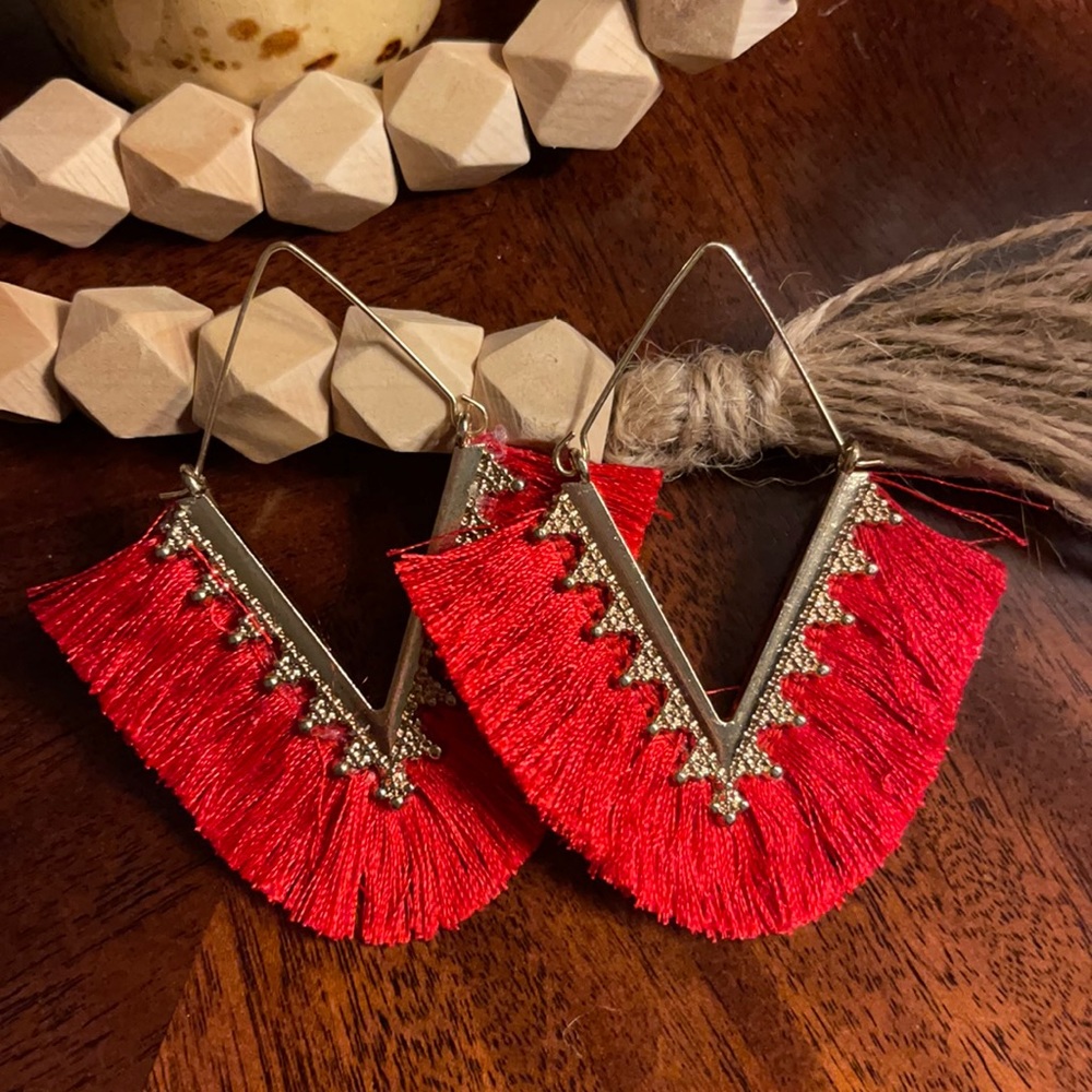 New Red Tassel Fringe Statement Earrings Gold Tone Geometric NWT Boho